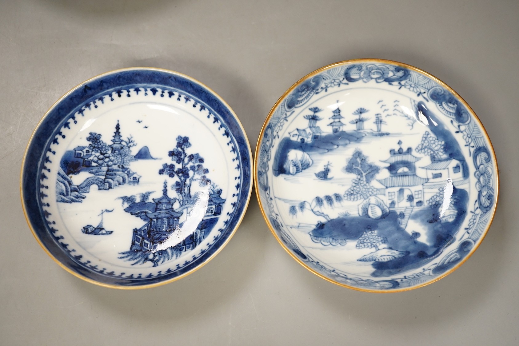A group of Chinese blue and white: 3 dishes, a tea bowl and a bowl, 18th century